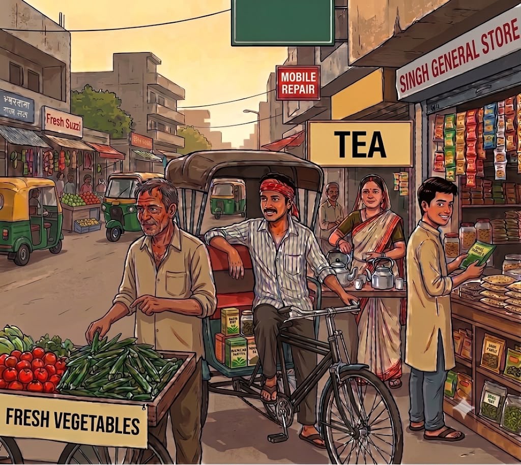 Illustration of a Gurugram market street - a vegetable seller, a rickshaw driver, a chai stall and a general store, with Ayushi among them