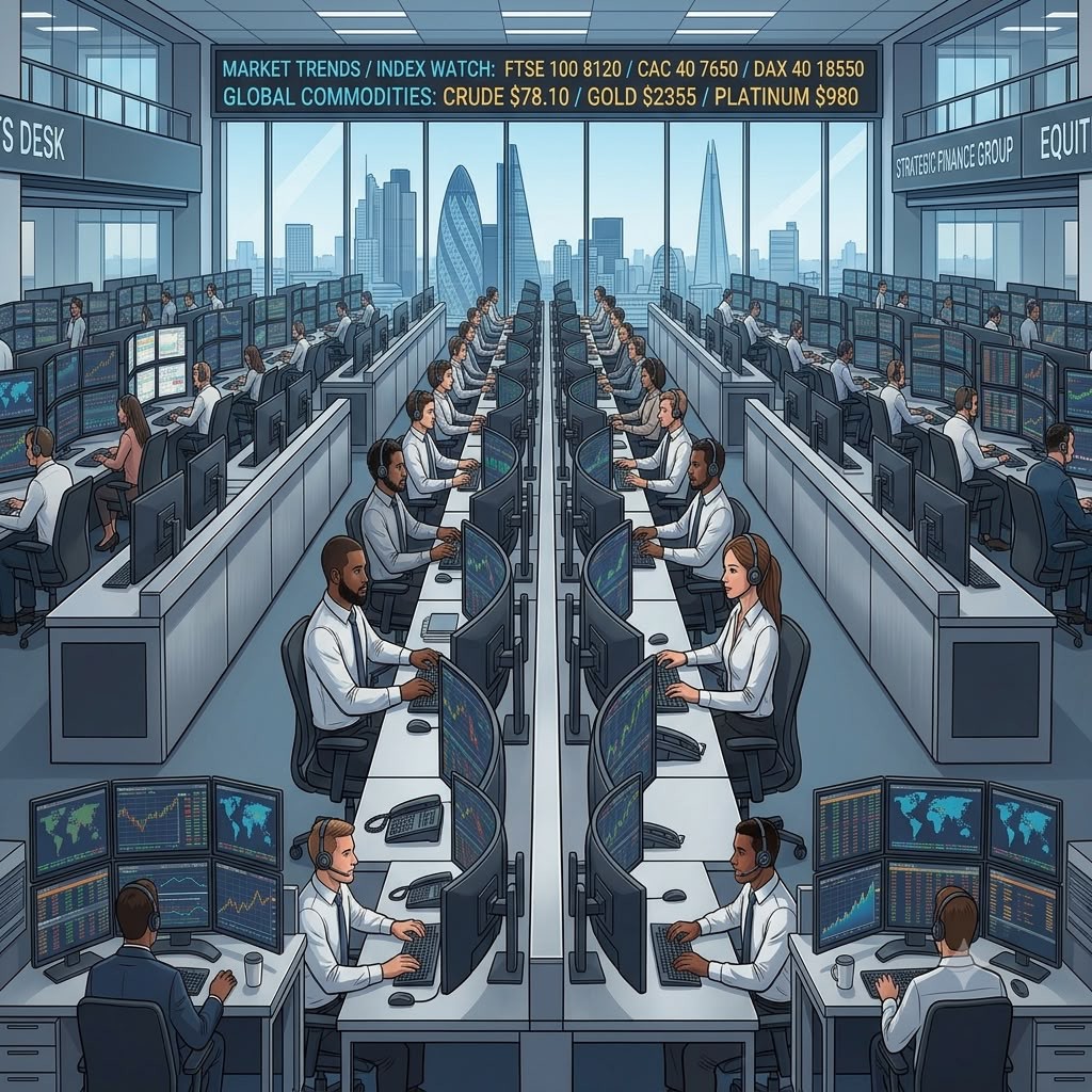 Illustration of a trading floor - long rows of desks, traders in headsets, walls of market screens and a city skyline through the windows