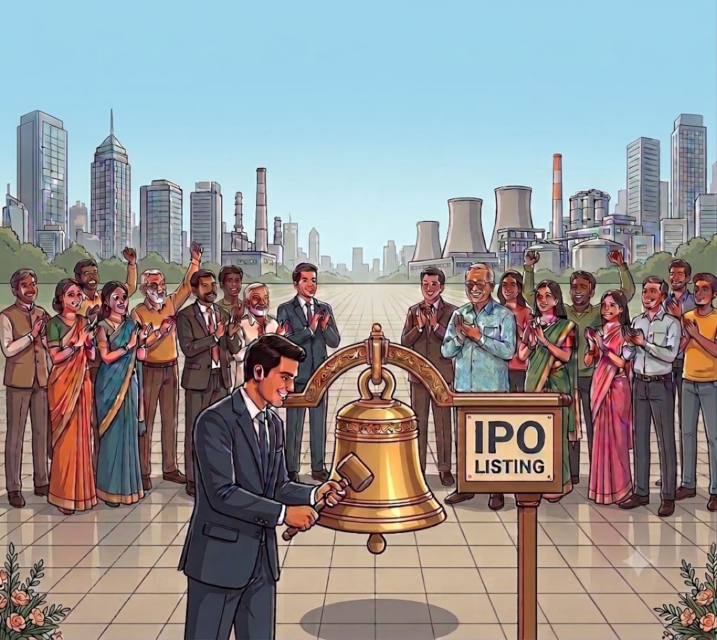 Illustration of an IPO listing ceremony - a bell being rung in front of a crowd, with a skyline of towers and power plants behind
